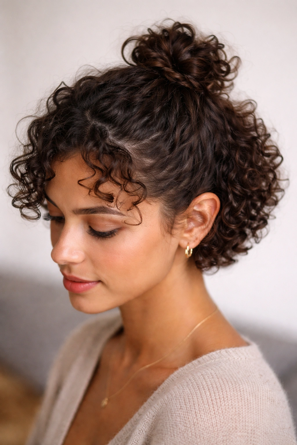 Tiny bun at the crown for short curly hair with a few curls peeking out