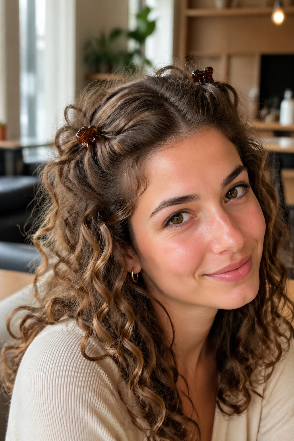 Close-up of a real woman with mini claw-clip twist-up hairstyle