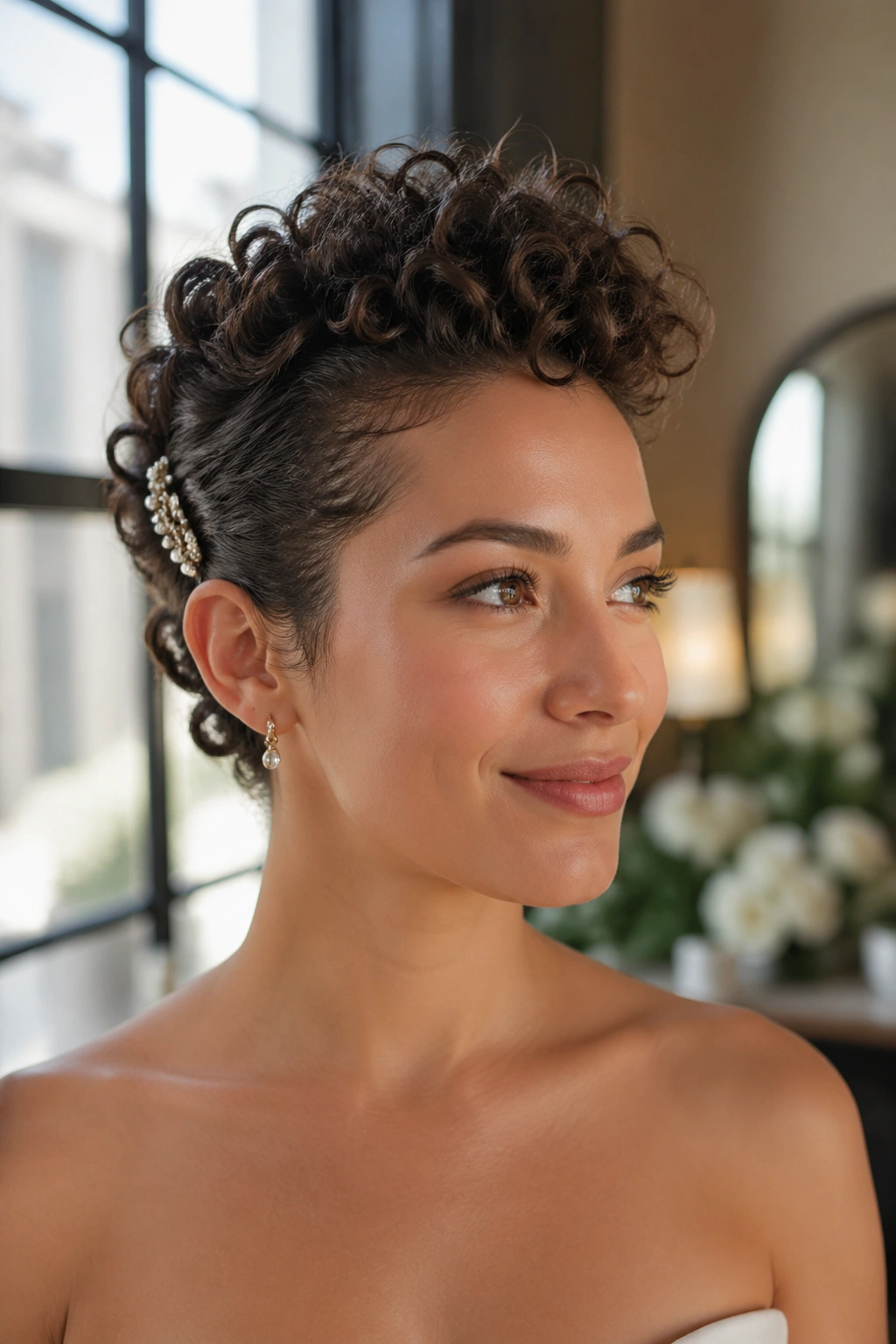 Close-up of a real bride with a mini curly faux hawk