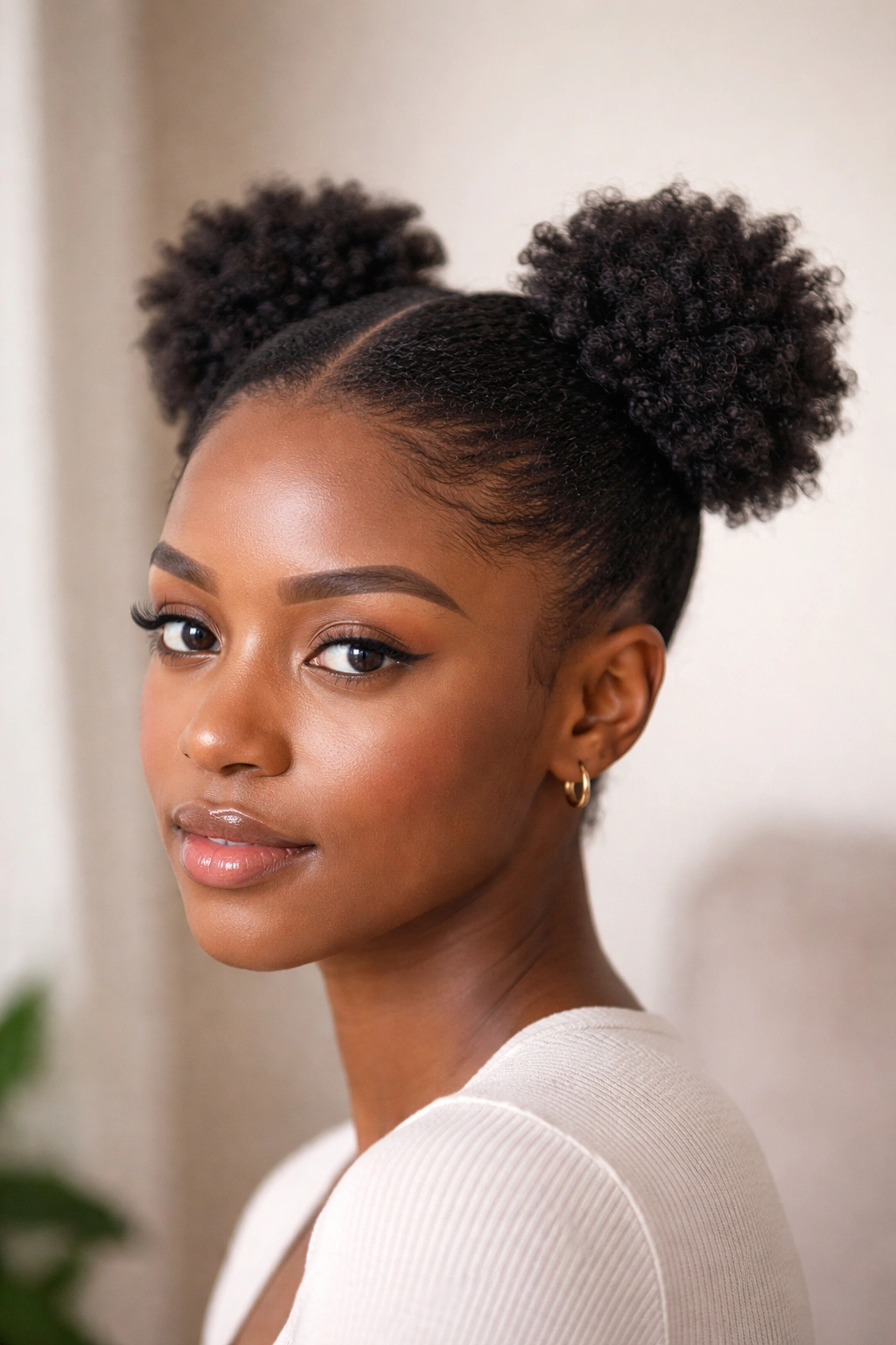 Close-up of Mini Double Puffs for Short Natural Hair showing two small puffs.