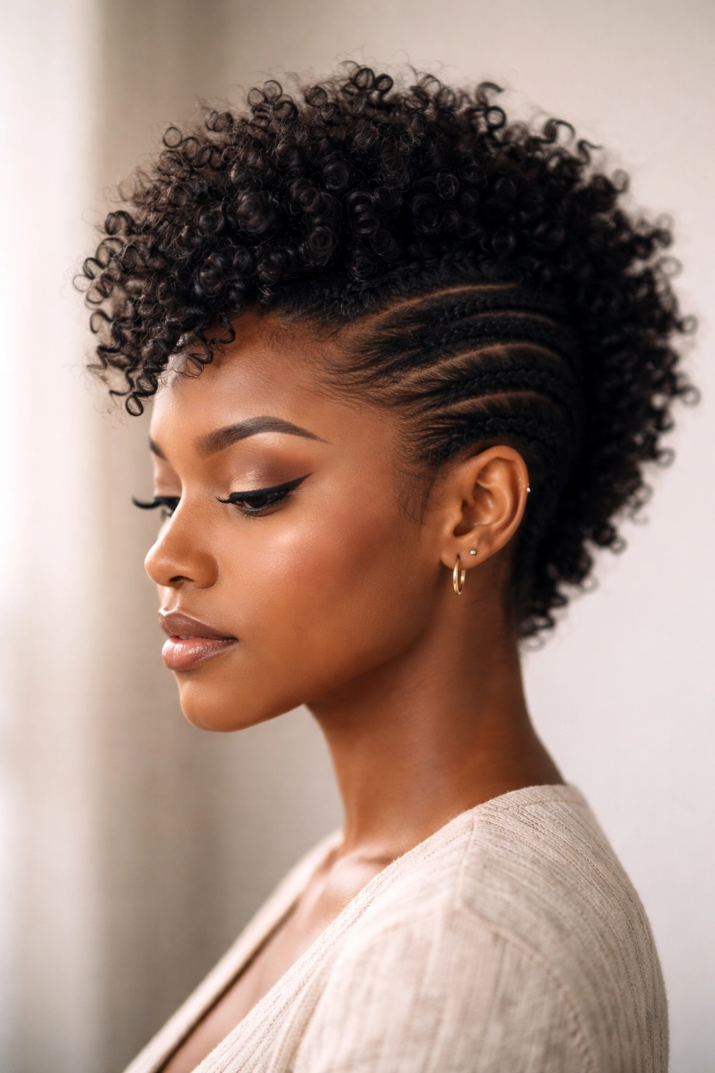 Close-up of a mini frohawk with a central curly ridge and slicked sides