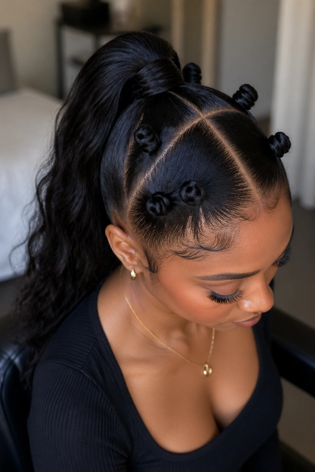 Portrait of a real person with mini knot halo around the crown and ponytail.