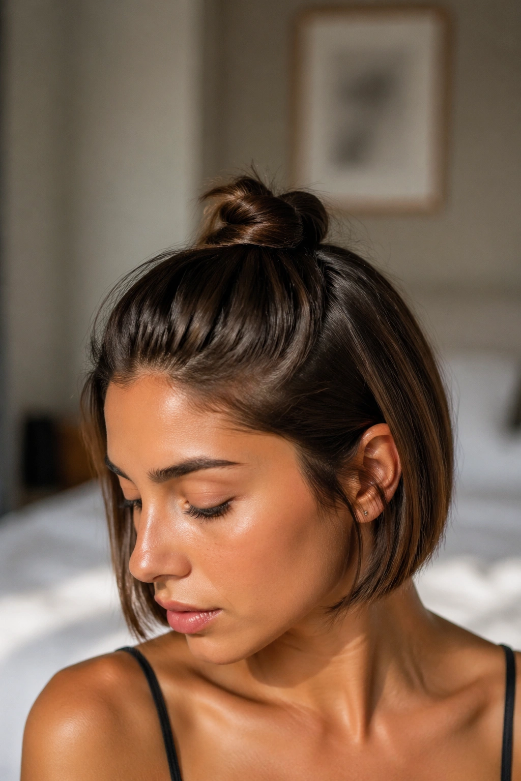 Close-up of a real woman with a sleek mini knot at the crown on a short bob