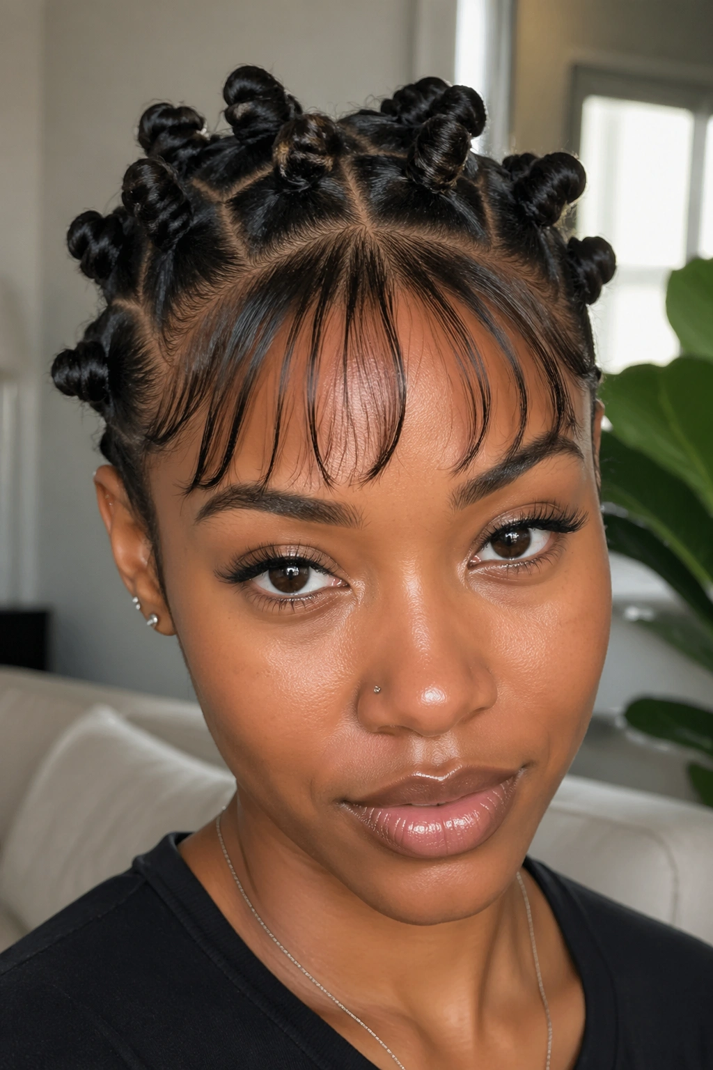 Portrait of a woman with mini knot crown and baby bangs
