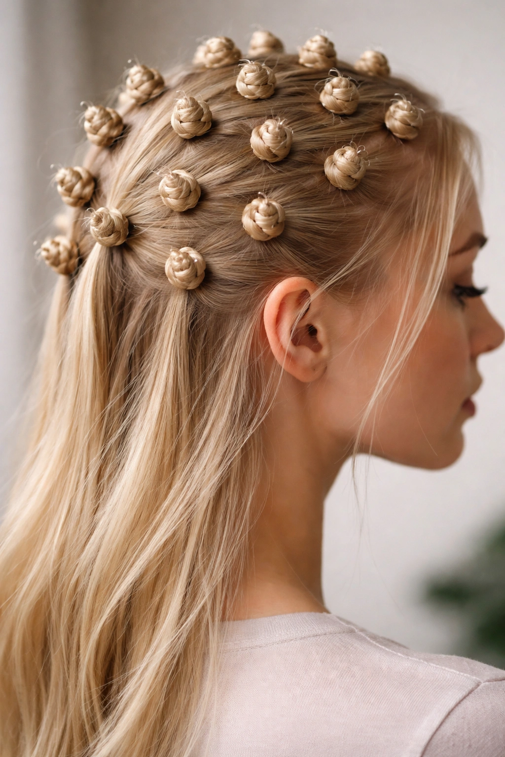 Mini knots on fine straight hair beads close-up