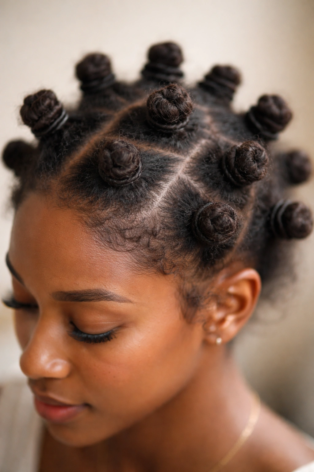 Close-up of mini knots with fluffy root texture along the scalp