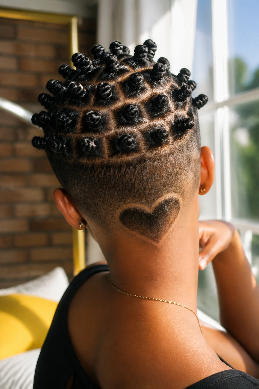 Close-up of a real person with mini knots and heart-shaped nape design.