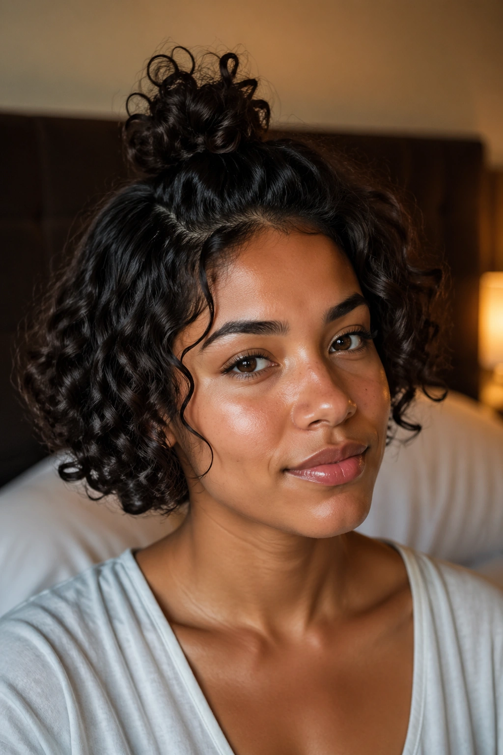 Close-up of a real woman with a mini pineapple for short curls or a bob.