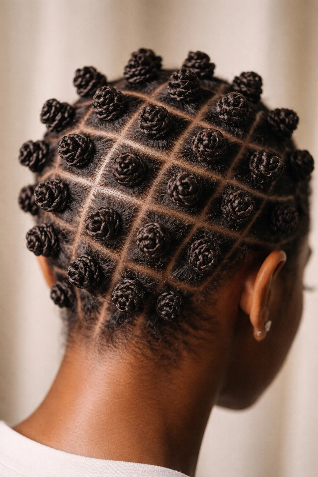 Macro shot of tiny Bantu knots in a tight grid on a quick weave