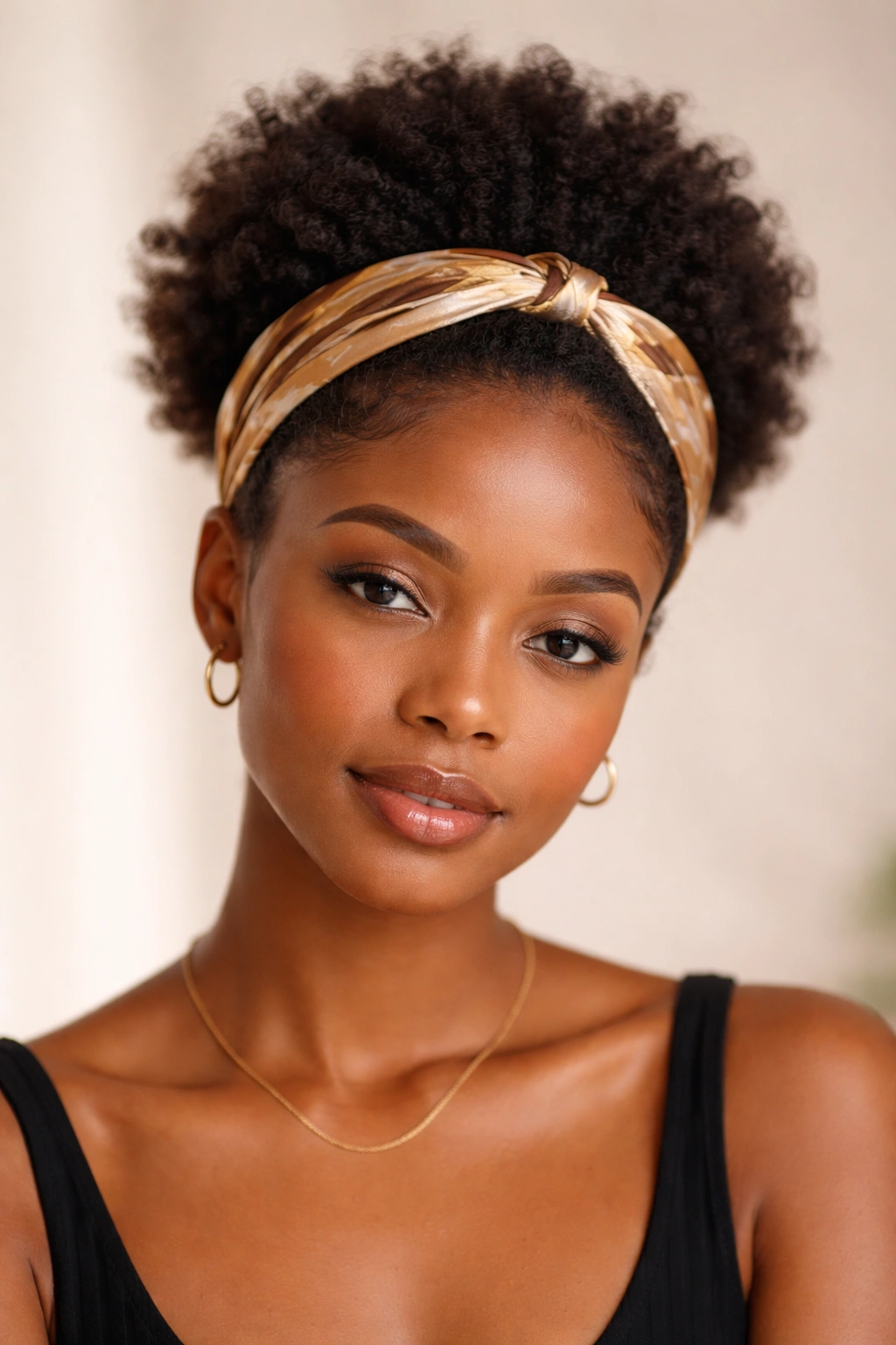 Frontal view of a mini puff with satin scarf or headband on short 4C hair