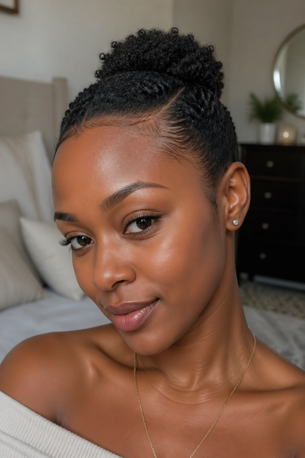 Close-up of a real woman with a small puff on short natural hair.