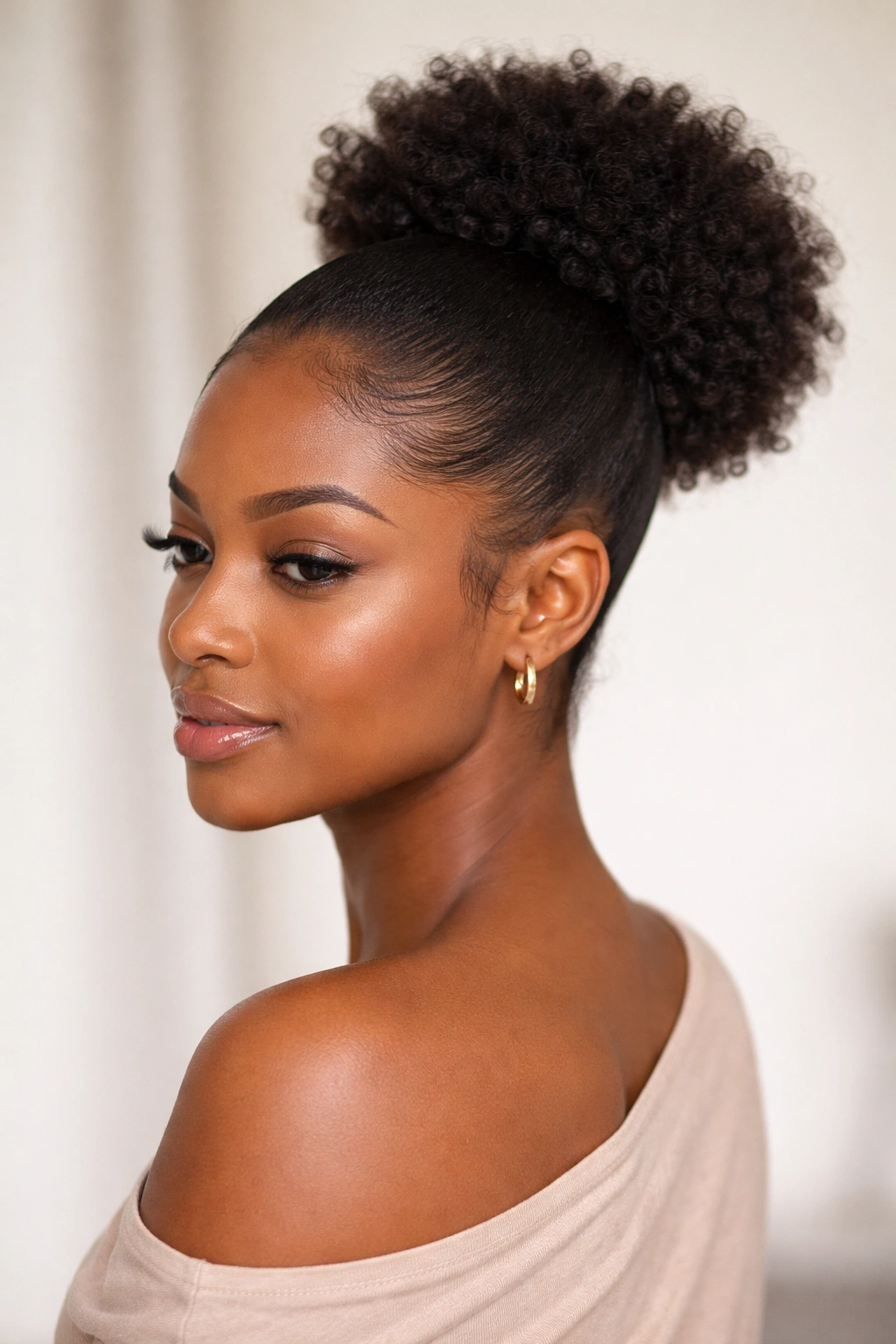 Mini puff with sleek edges and a defined hairline