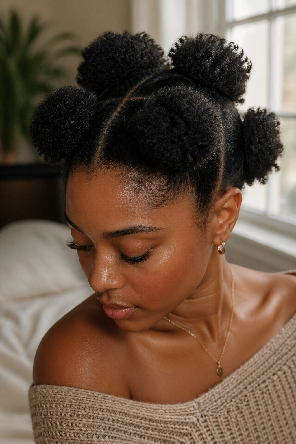 Close-up portrait of a real woman with four mini puffs on coily hair, warm natural light