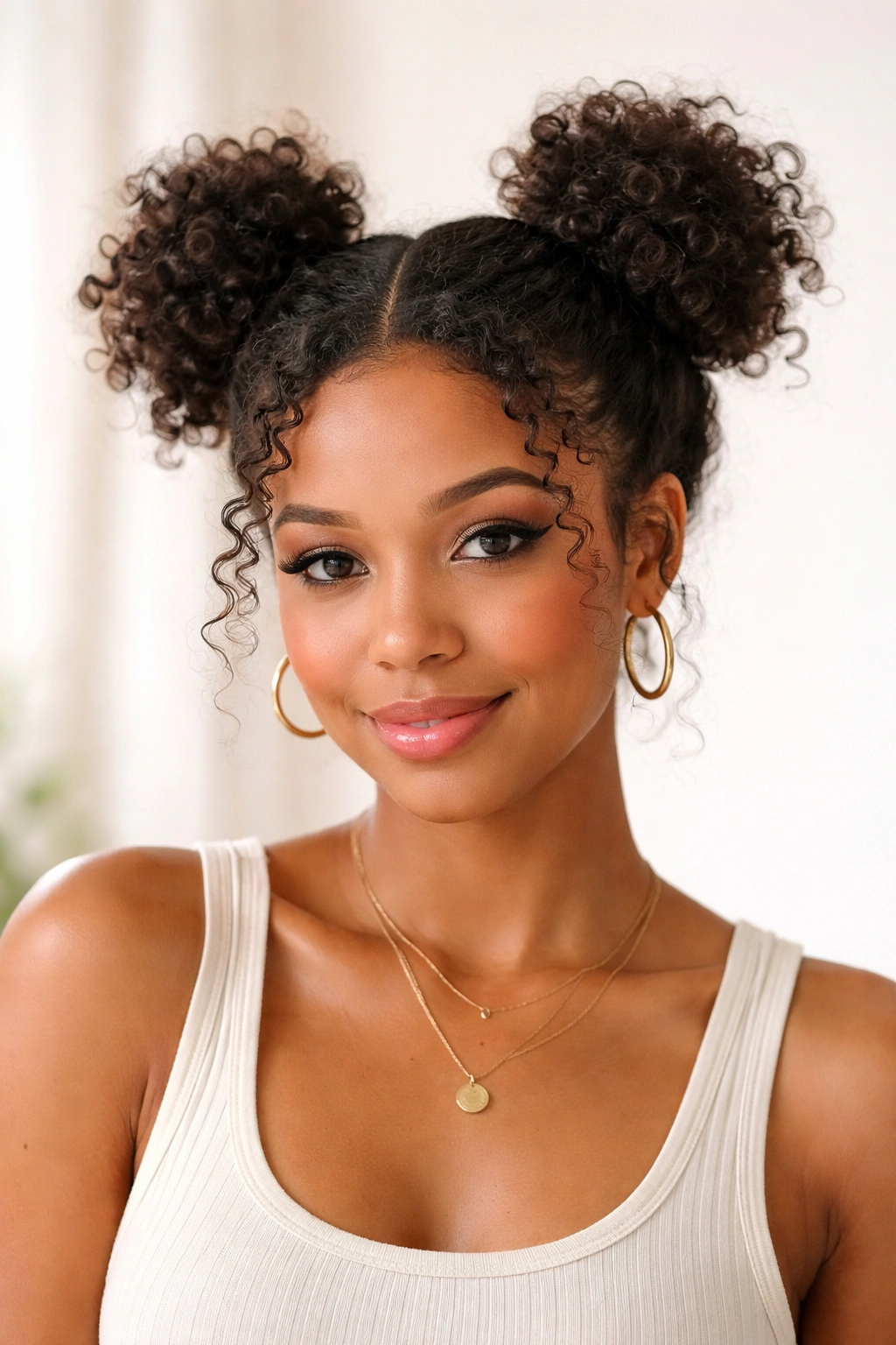 Two mini puffs and soft space buns on damaged curls