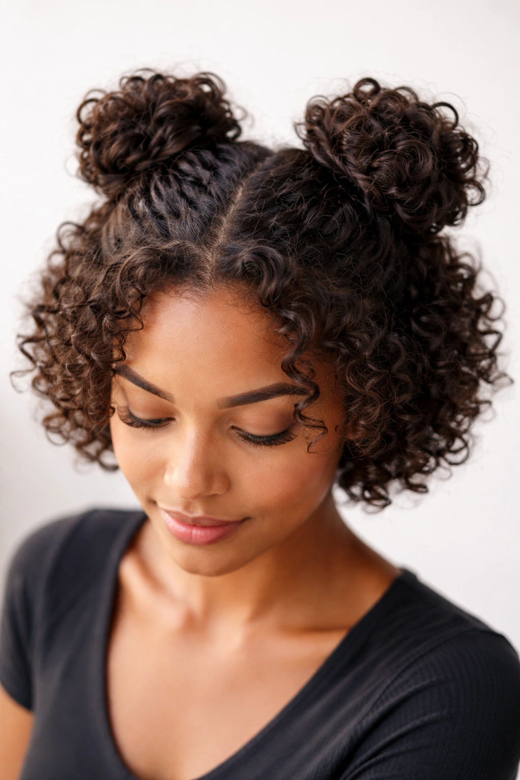 Two small space buns on top of short curly hair
