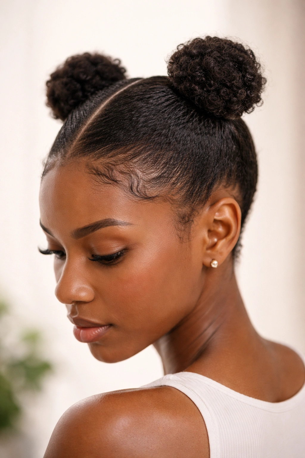 Close-up of mini space buns on short Afro hair