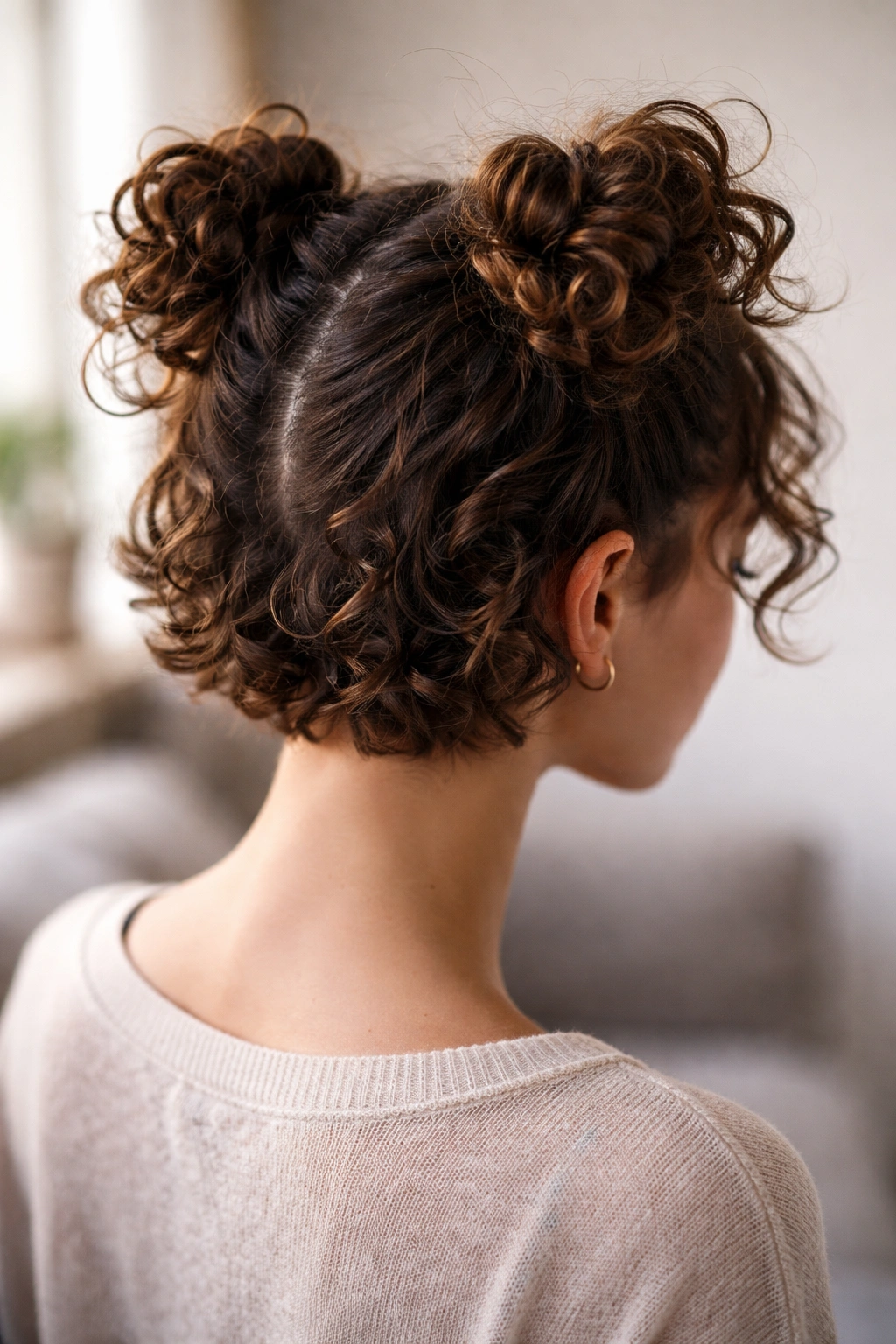 Two tiny space buns on short curly hair with loose ends