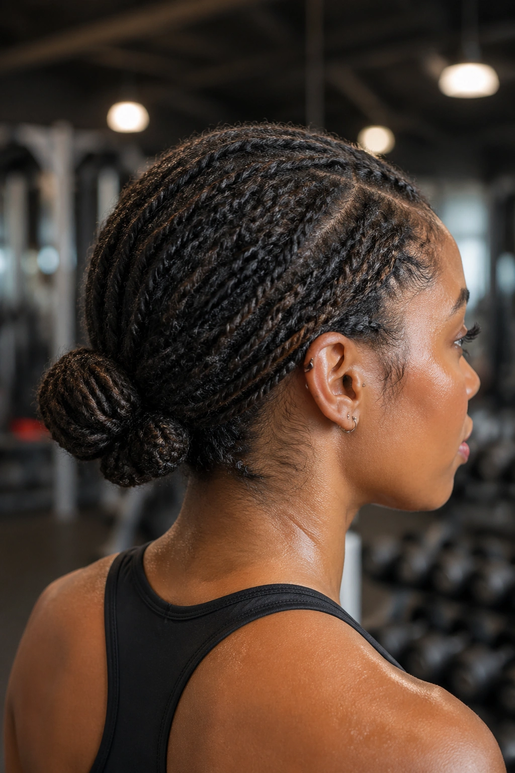 Real woman with mini twist buns for dense natural hair in gym setting.
