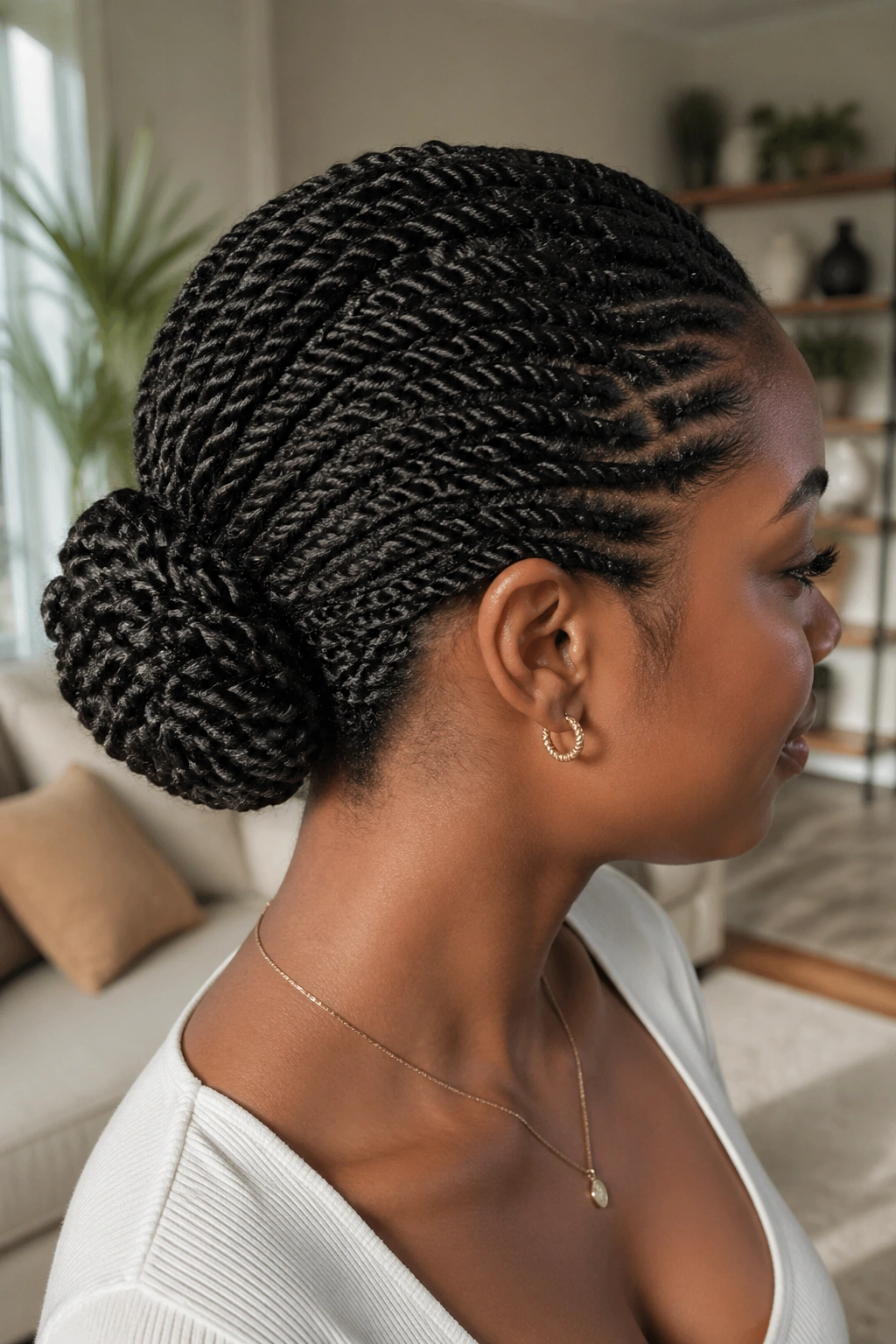 Close-up portrait of a real woman with a mini twist chignon