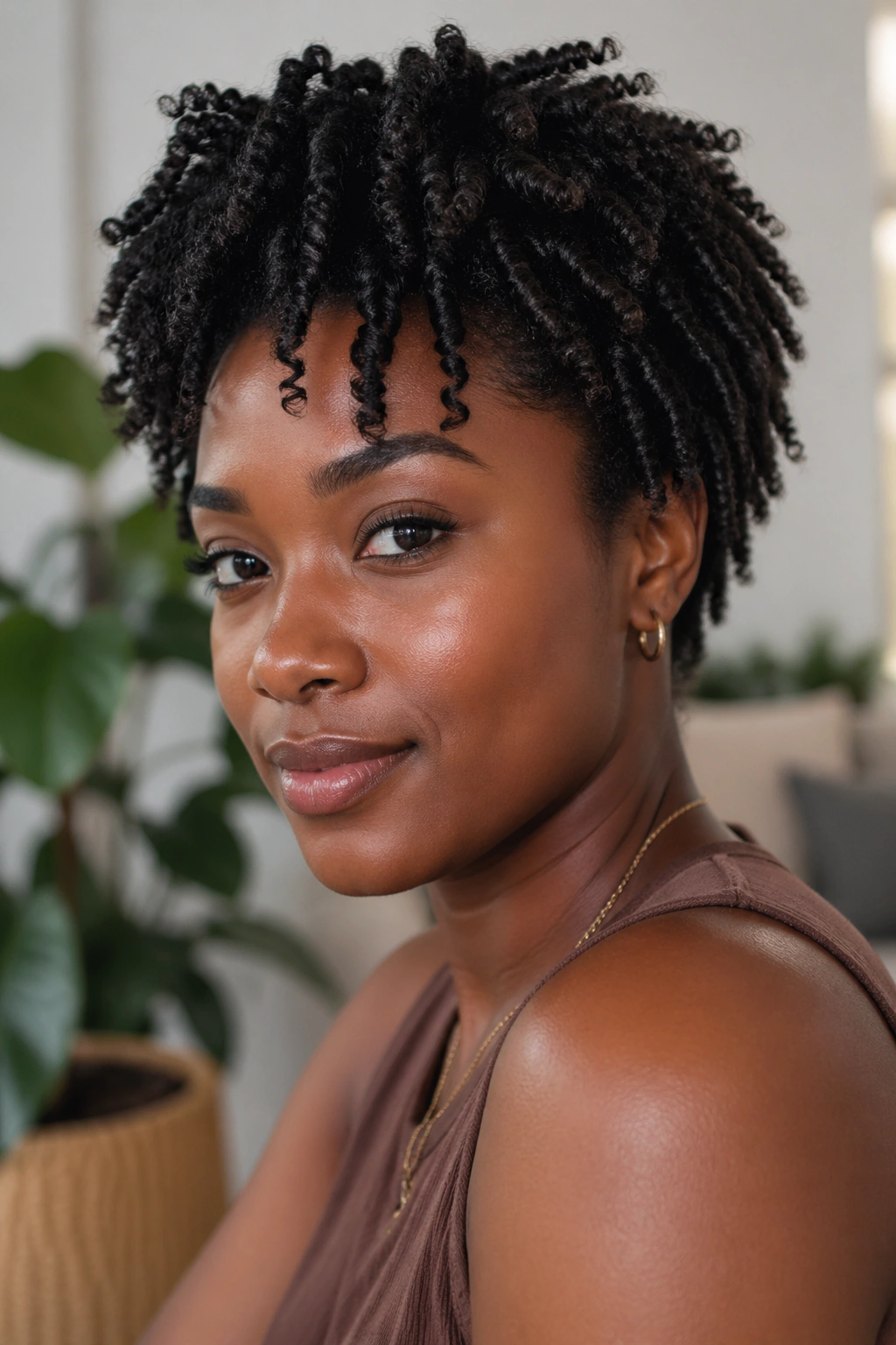 Real woman with mini twist-outs on short afro hair in bright living room light