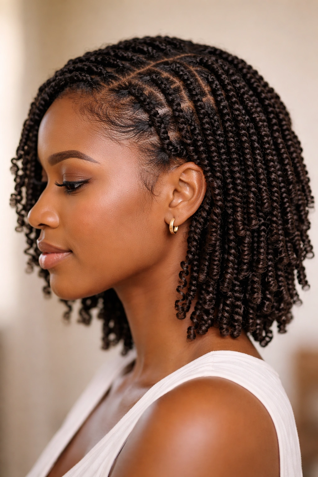 Side-profile view of small mini twists along the scalp