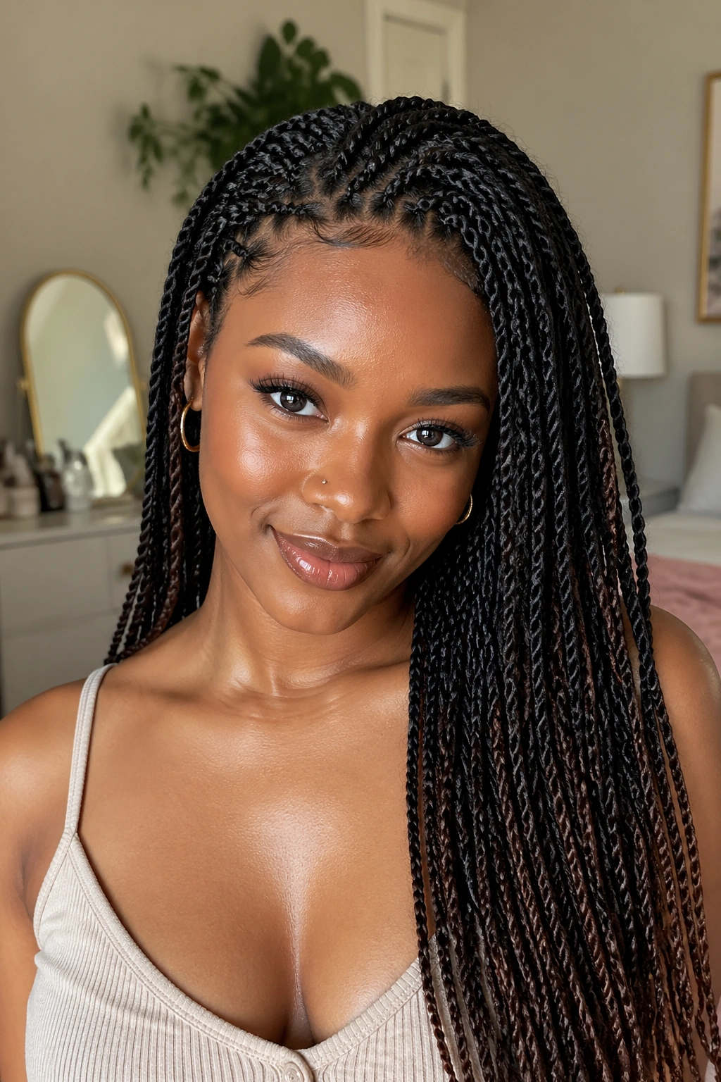 Close-up of a real person with mini twists along the scalp in a cozy bedroom setting.