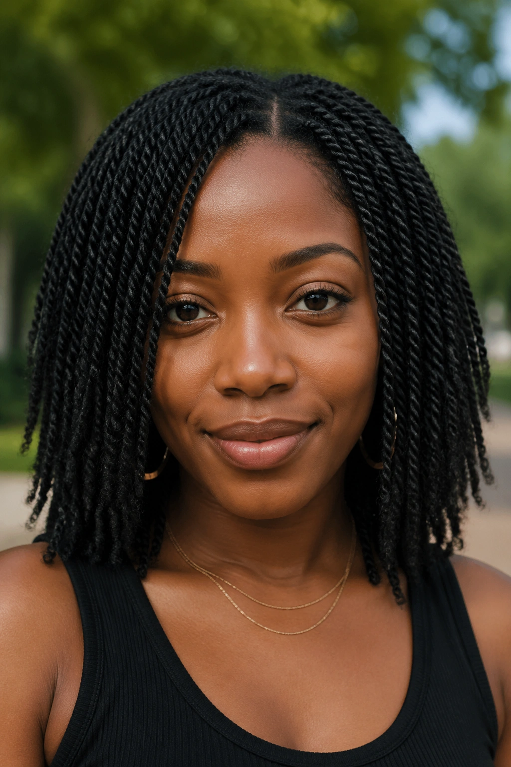 Close-up portrait of a real woman with mini Afro twists.