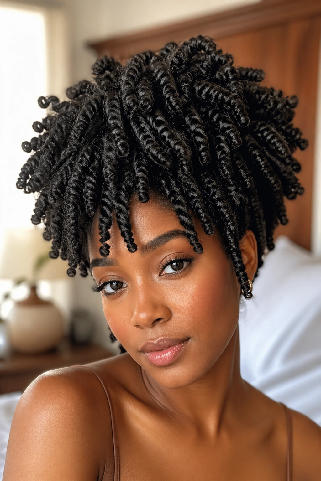 Close-up of real woman's head with mini twists forming a rope-like Afro texture in warm bedroom light