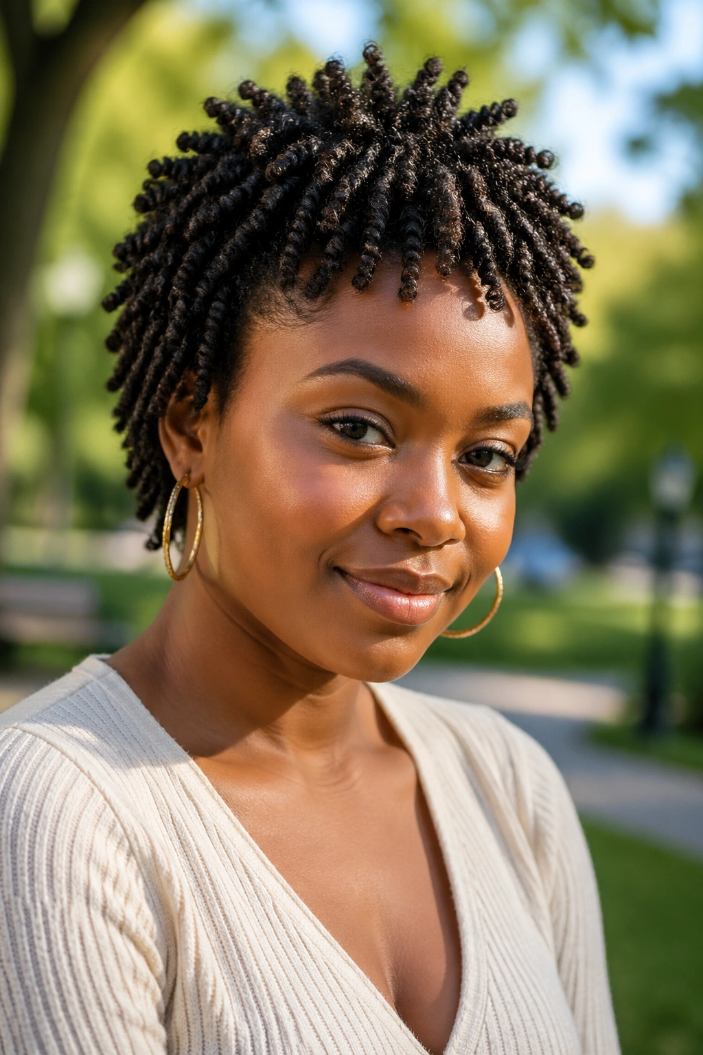 Close-up portrait of a real person with mini twists Afro