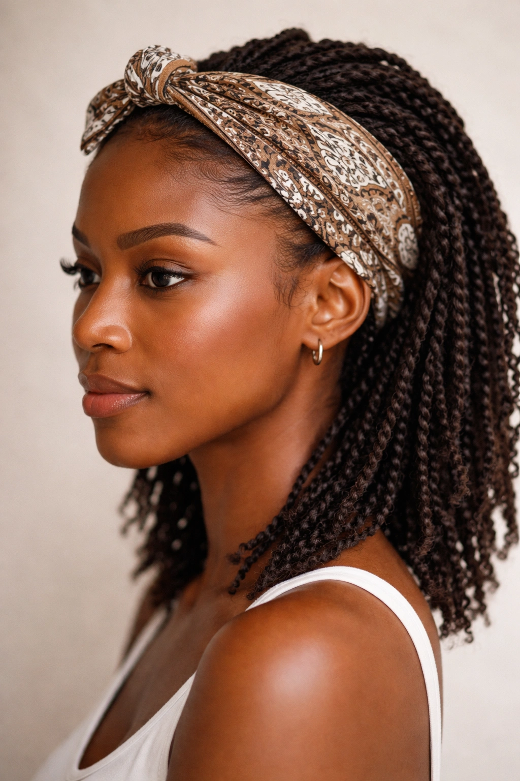 Side profile of mini twists with a front knot and bandana wrap forming a clean top line