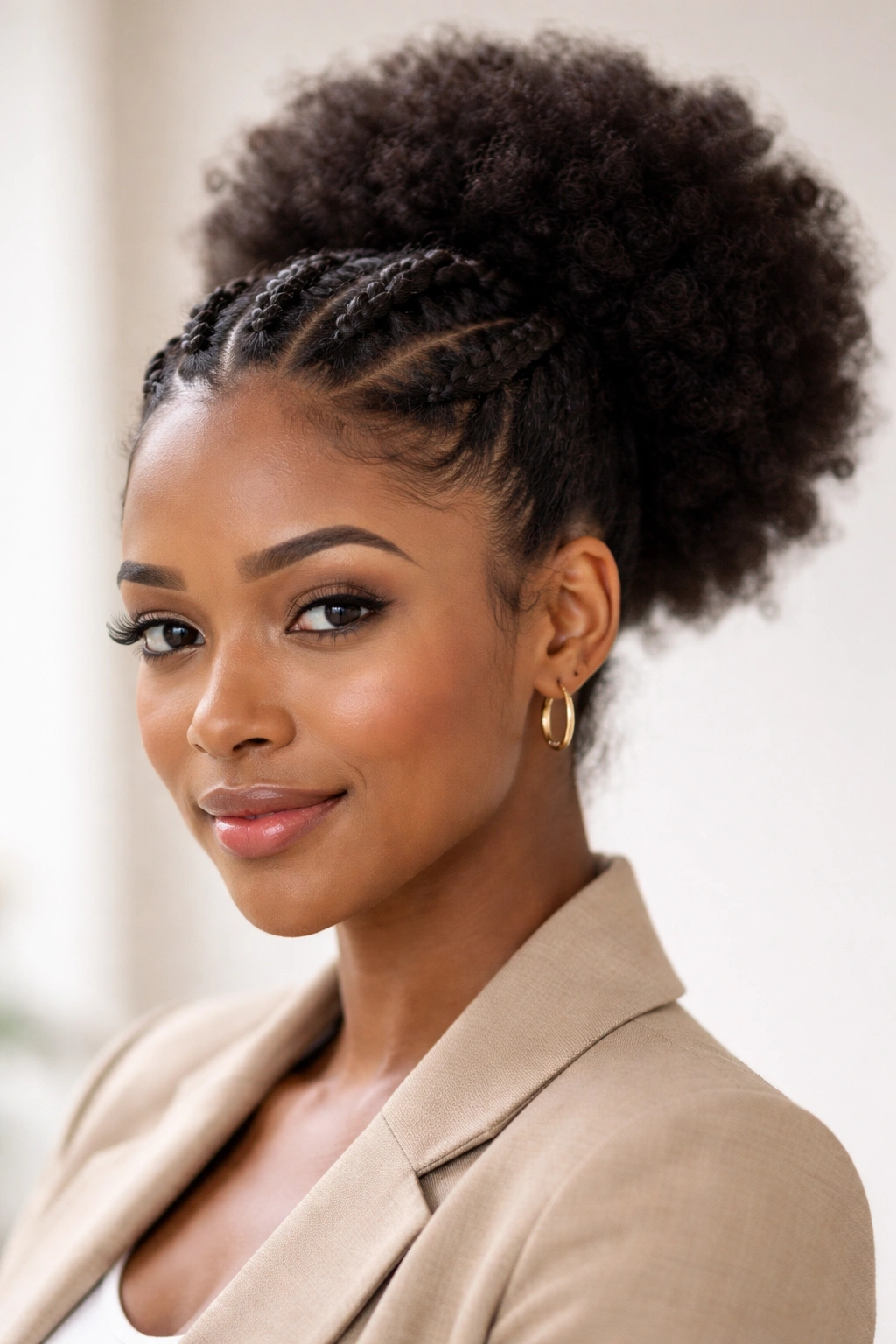Puff with mini twists or Bantu knots at the front of an afro ponytail