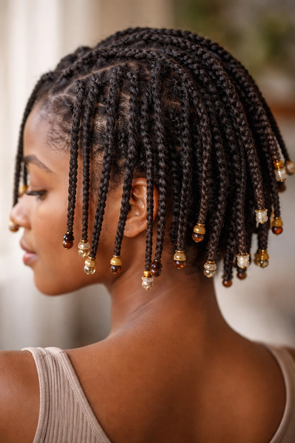 Mini twists with beads at the ends on short-to-medium hair