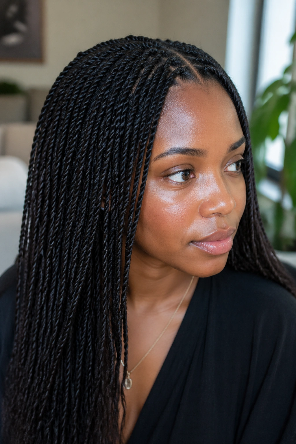 Close-up of a real woman wearing mini twists on curly hair