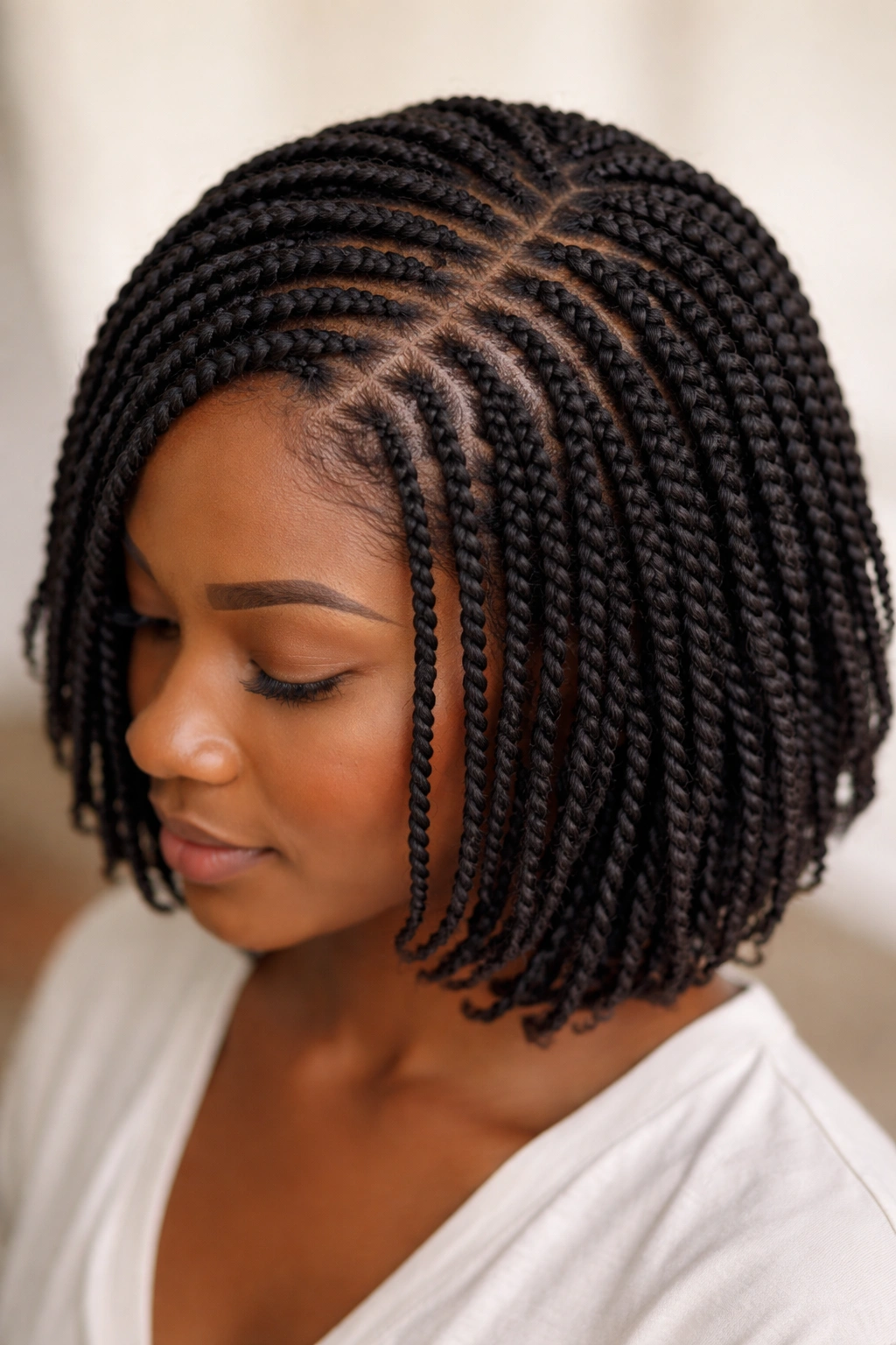 Close-up of small, neat mini twists on natural hair