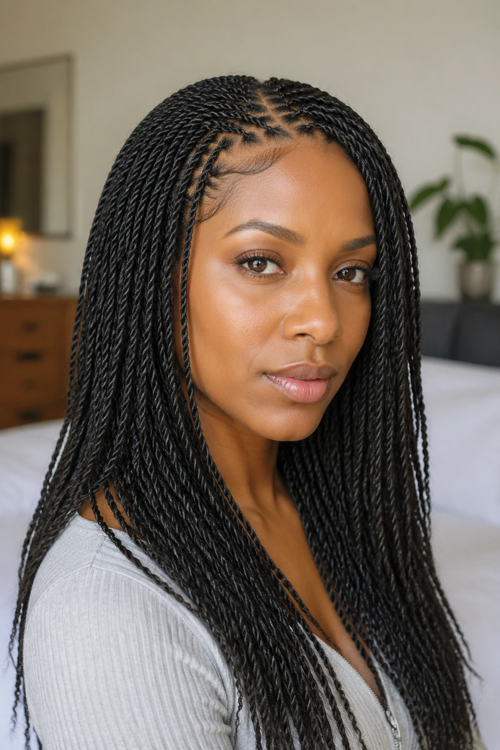 Close-up of real woman wearing mini twists with dense detail