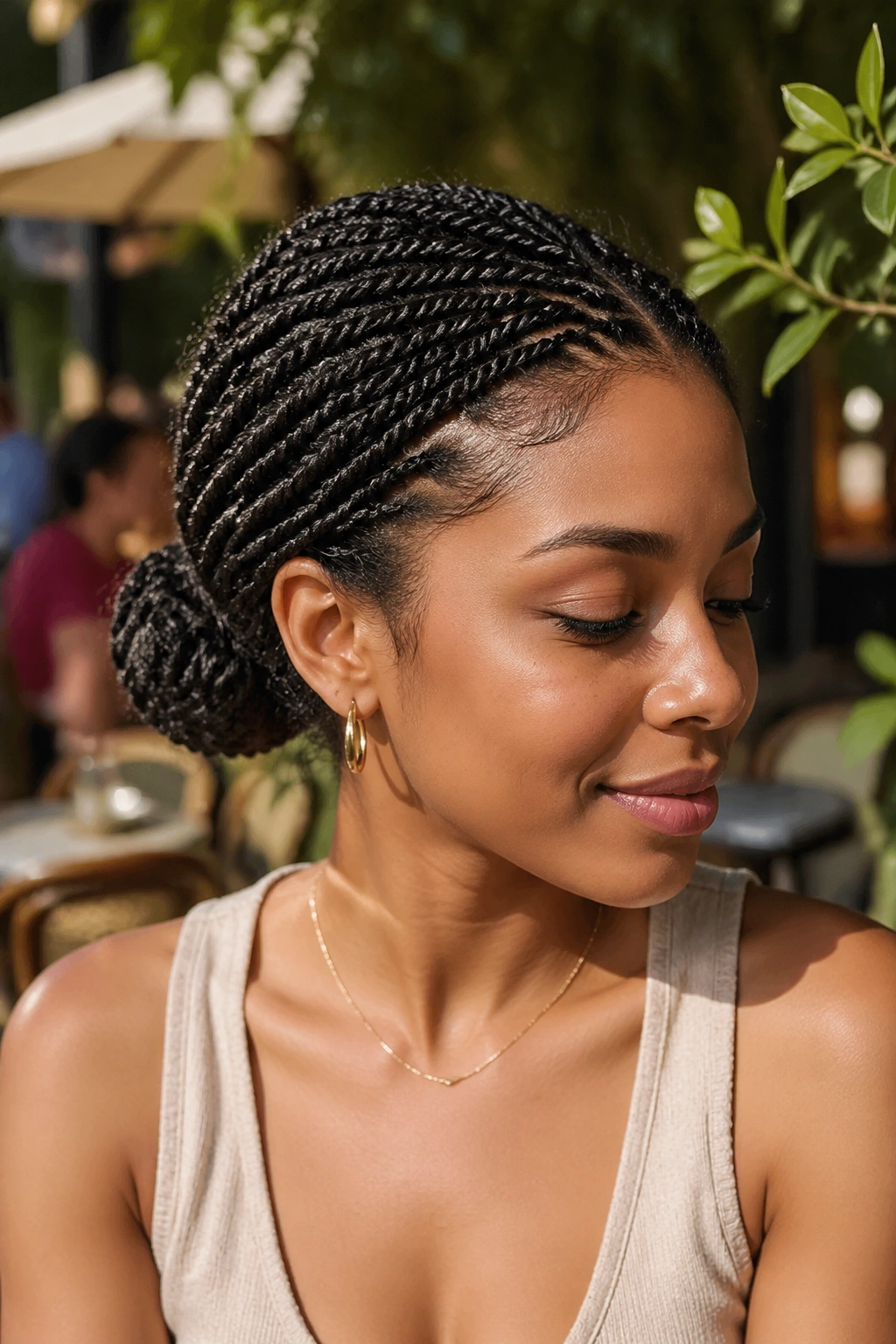 Close-up of a real woman with mini twists gathered into a low bun under natural daylight
