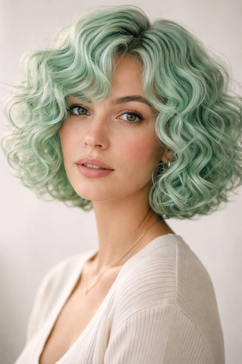 Mint green curly bob with defined, springy curls.