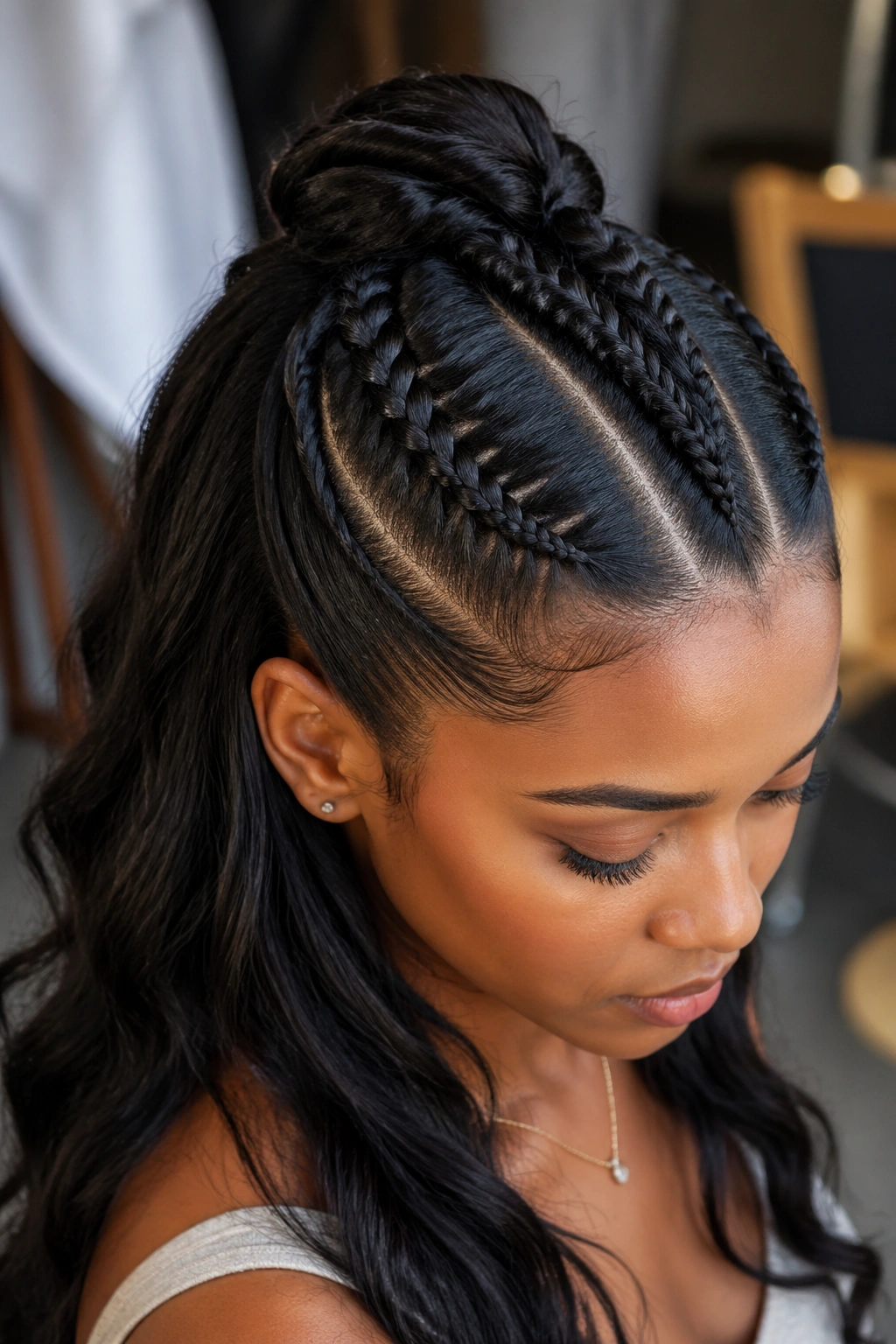 Close-up of a real woman's head showing a half-up hairstyle with mixed braids gathered at the crown.