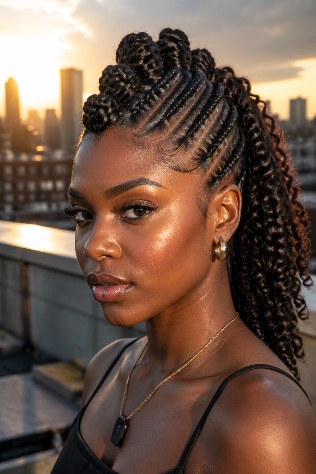 Portrait of a real person with a Mohawk Bantu knot ponytail and braided sides