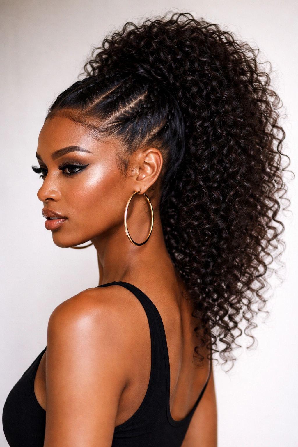 Bold mohawk curly ponytail with tucked sides