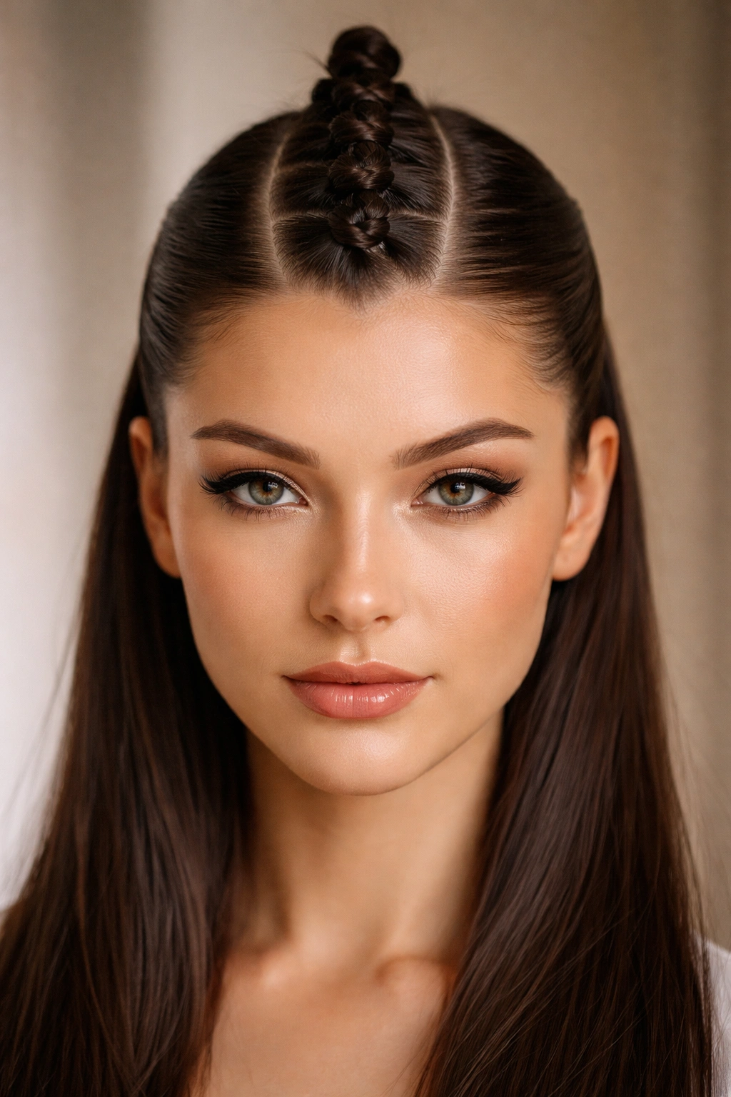 Row of small bantu knots along the center of the head with sleek sides
