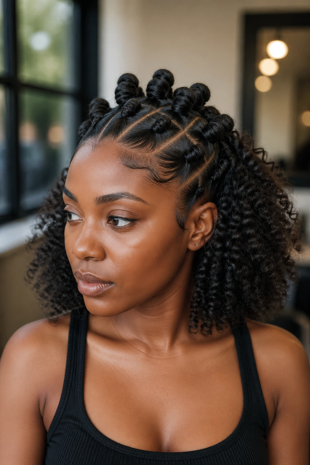 Close-up of a real person with Mohawk Bantu Knots With Coily Back Curls in a salon