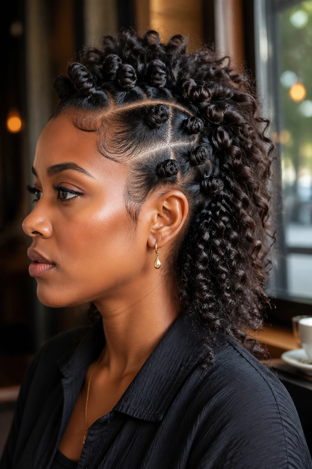 Close-up of a real person with defined mohawk and loose curls