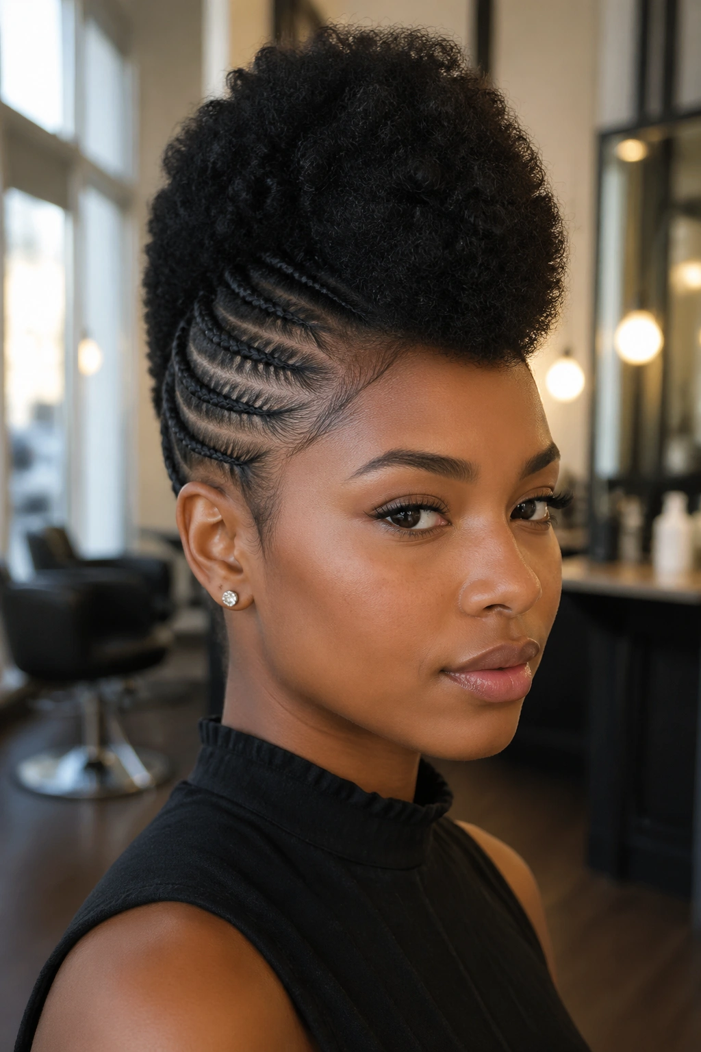 Close-up of a real person with a tall-volume mohawk puff and braided sides
