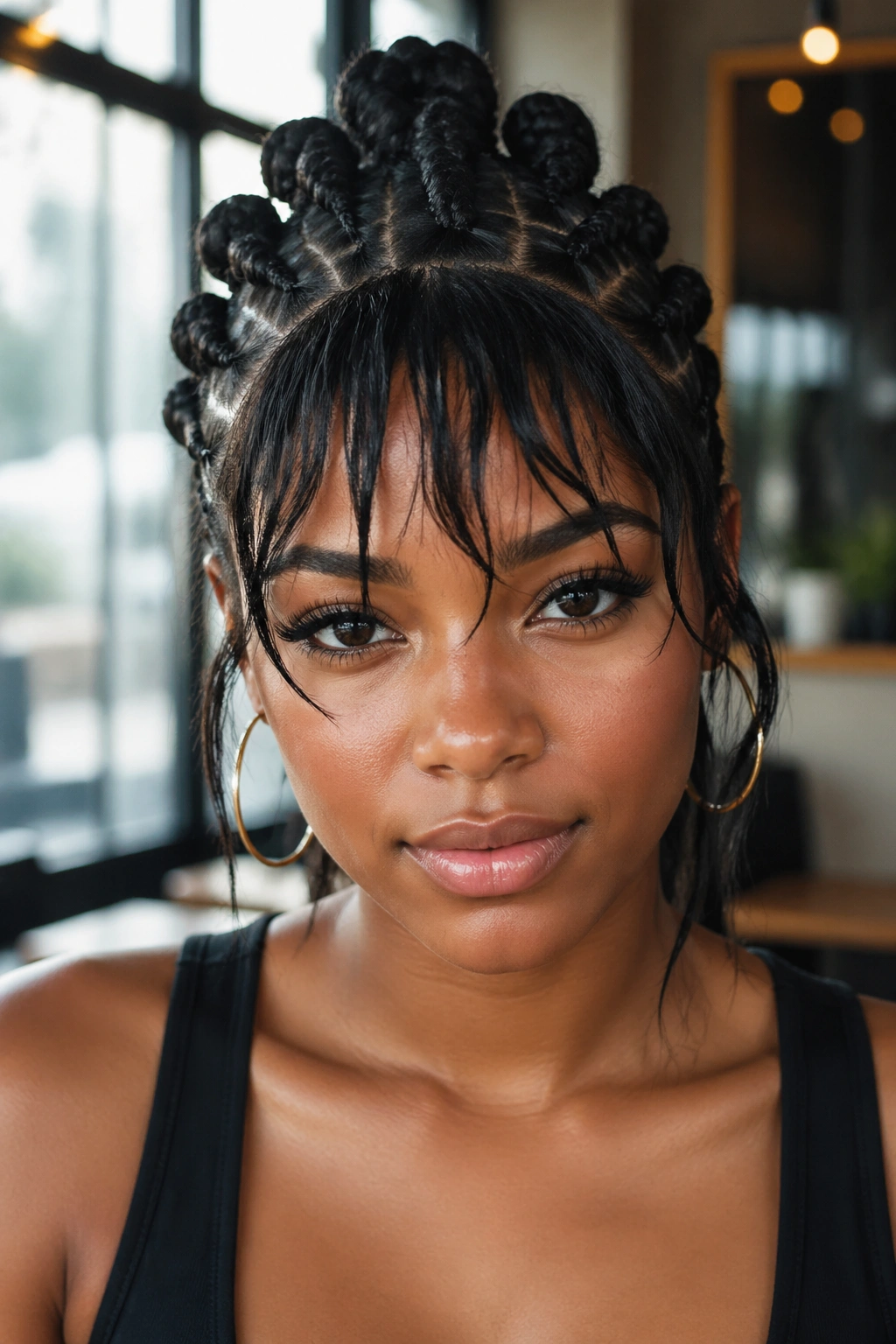 Real person with a mohawk row of knots and piecey bangs in a cafe setting