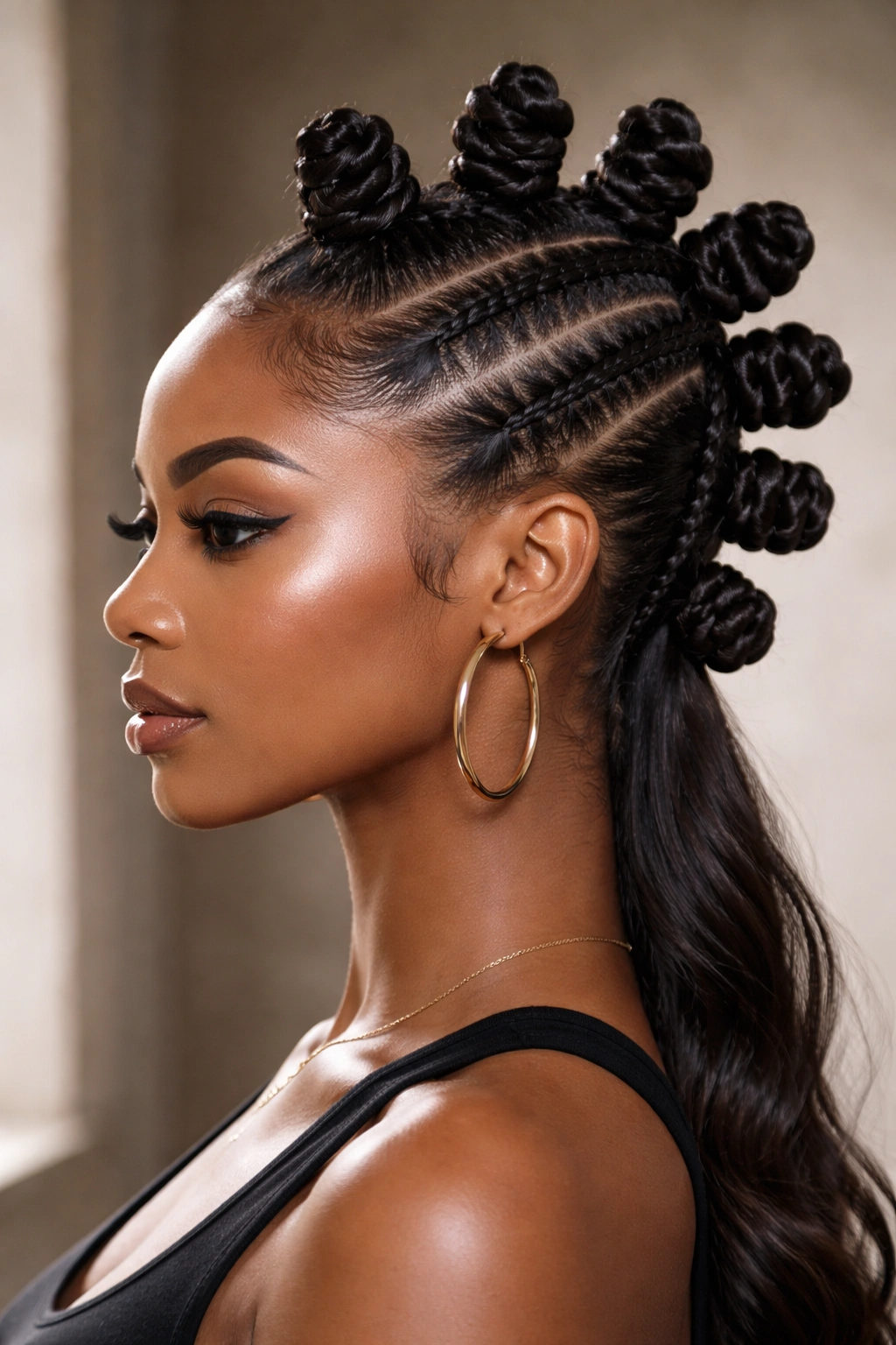 Profile view of a central mohawk row of Bantu knots with slicked sides