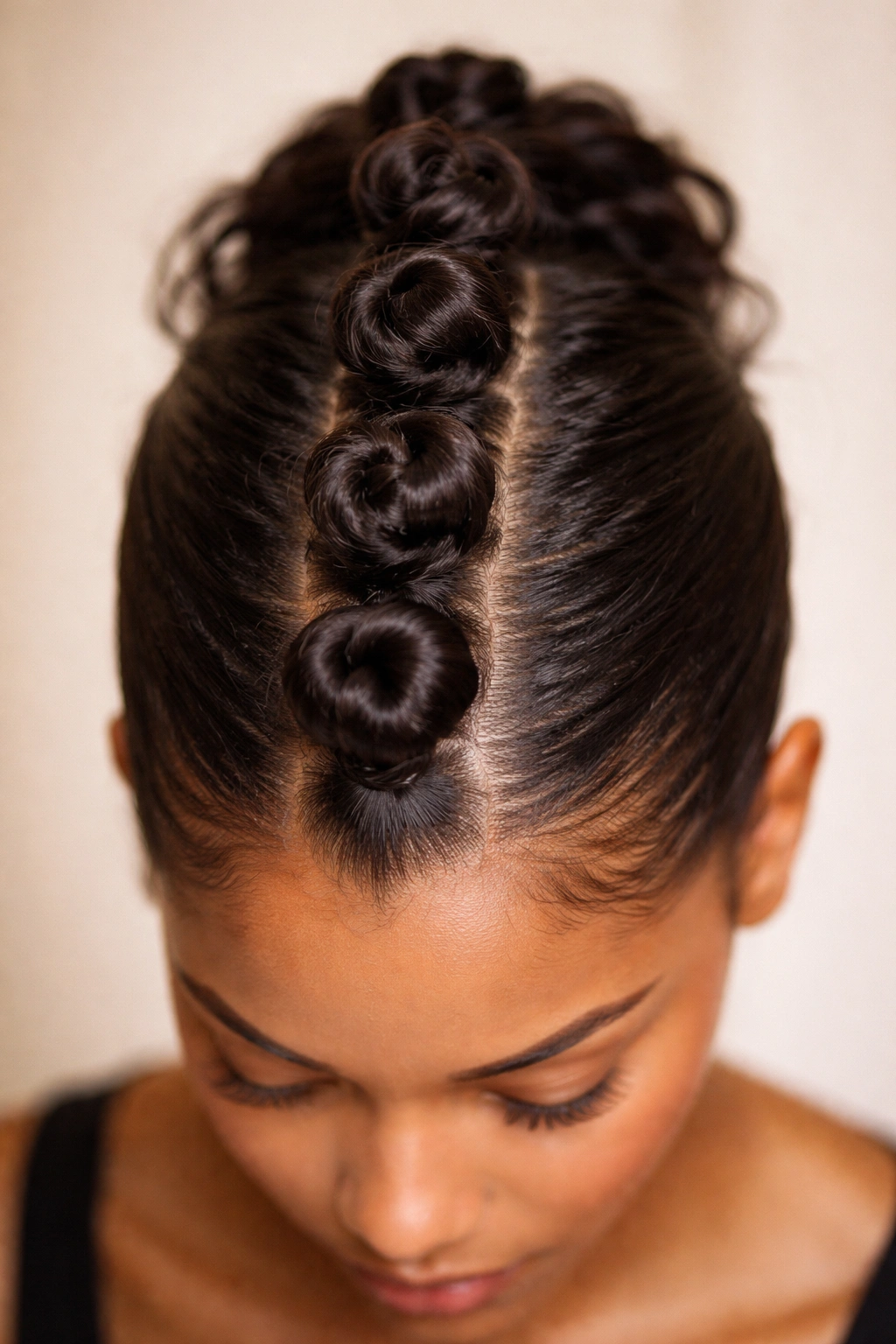 Mohawk row knots along the center with sides brushed up