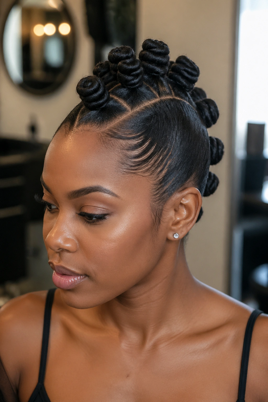Real person with a centered row of Bantu knots and slicked-back sides