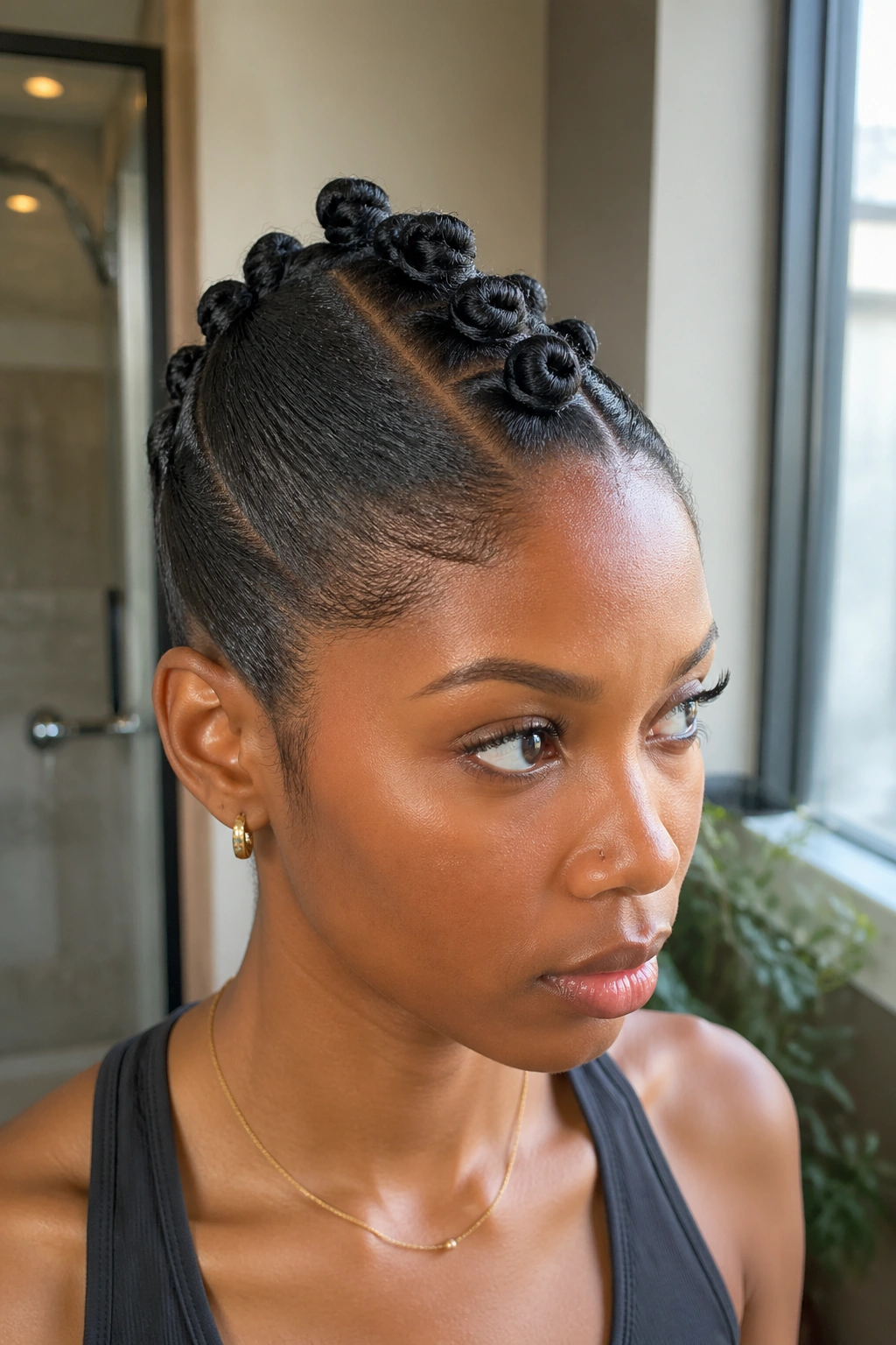 Close-up of center strip of bantu knots on real person