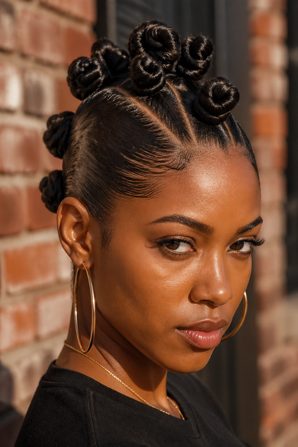 Close-up portrait of a real person with a center mohawk strip of bantu knots
